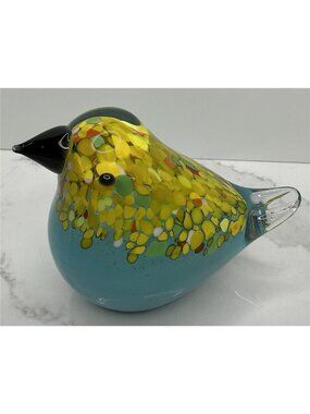 Handmade Glass Art Bird Paperweight Yellow & Blue 6” X 4” New